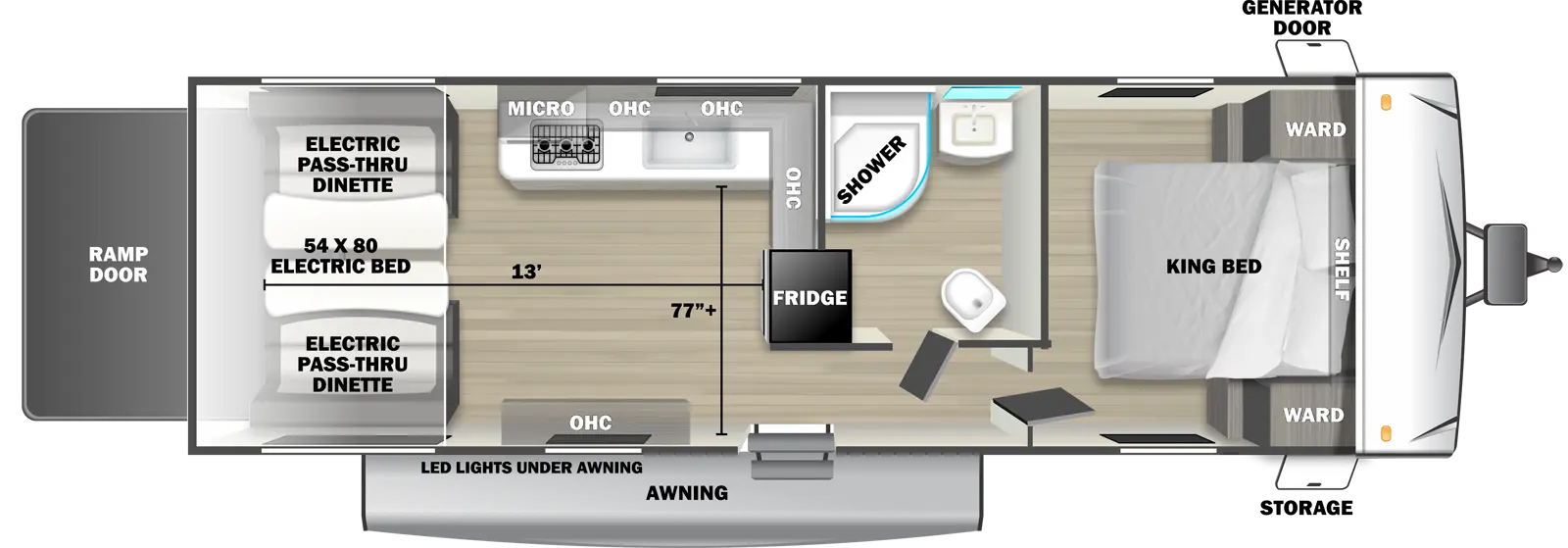 The 2550SRX travel trailer has no slide outs, 1 entry door and 1 rear ramp door. Exterior features include an awning with LED lights, front door side storage and front off-door side generator door. Interior layout from front to back includes: front bedroom with foot-facing King bed, shelf over the bed, and front corner wardrobes; off-door side bathroom with shower, linen storage, toilet and single sink vanity; off-door side kitchen with L-shaped countertop, overhead microwave, overhead cabinets, sink and refrigerator; door side overhead cabinet; rear 54 x 80 electric bed over electric pass-through dinette. Cargo length from rear of unit to refrigerator is 13 ft. Cargo width from kitchen countertop to door side wall is 77 inches.